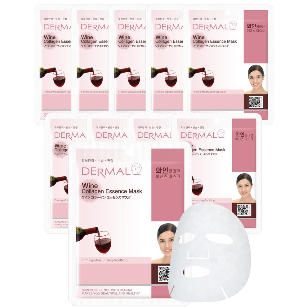 Dermal Wine Collagen Essence Facial Mask Sheet 23G Pack Of 10 - Moisturizing & Firming For Tired Skin, Relieves Skin Stress, Daily Skin Treatment Solu