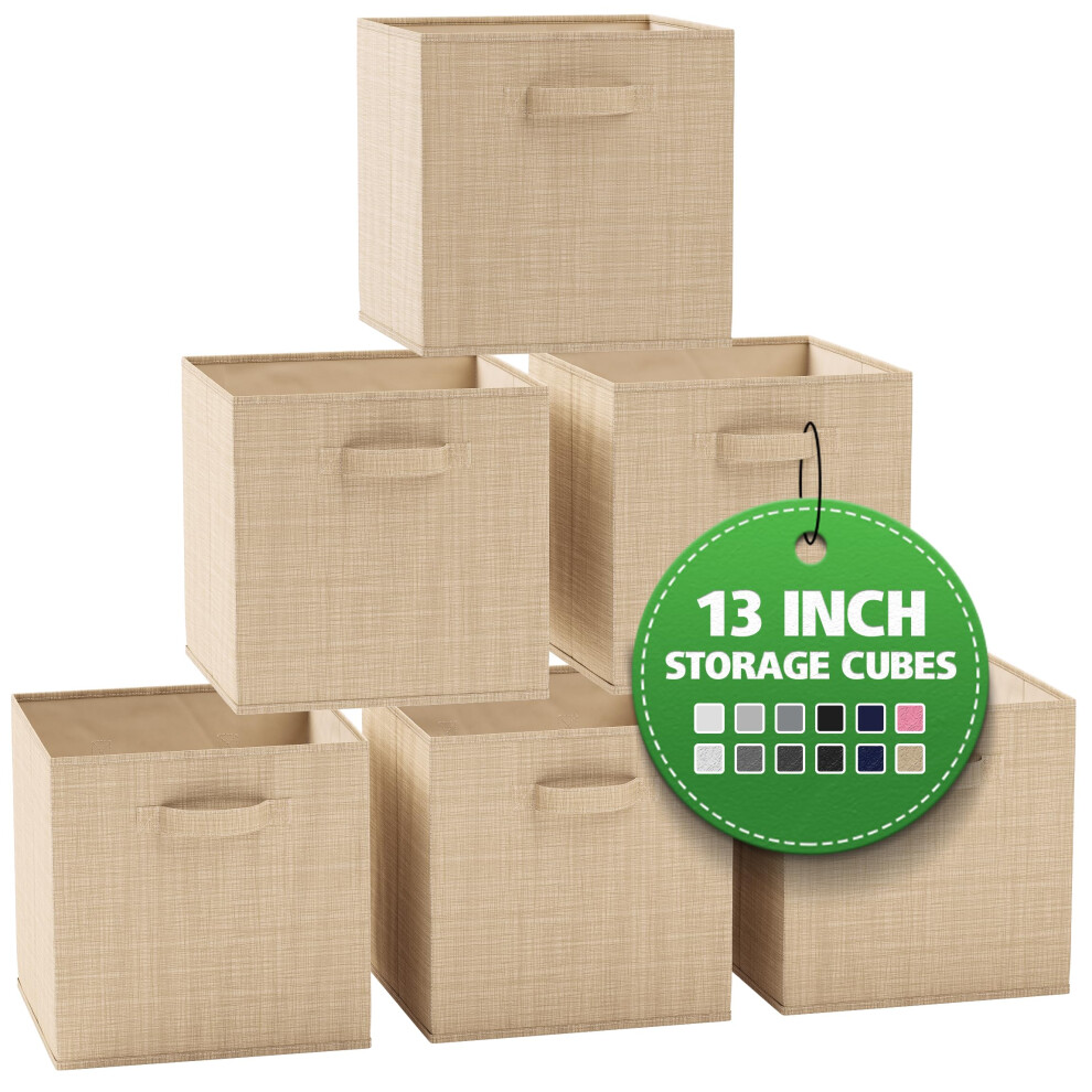 Fabric Storage Cubes for Cube Organizer - 6 Pack Heavy Duty Textured Beige Storage Bins - 13 Inch Cube Storage Bin Use As A Clothes Storage Box In Cl