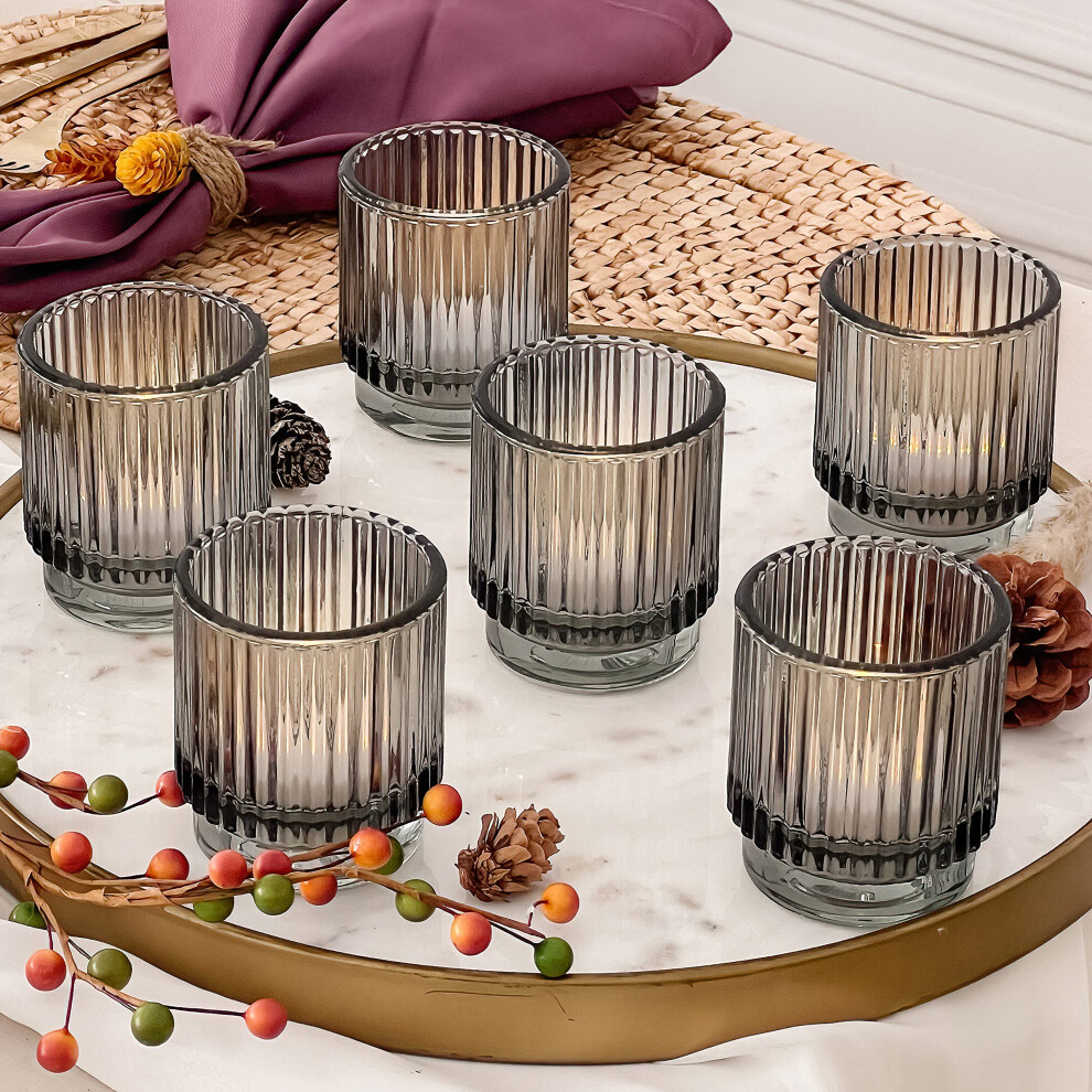 Smoke Gray Vintage Ribbed Glass Tealight Votive Candle Holders by Kate Aspen (Set of 6)  Fall Decor  Boho Decor  Shelf Decoration | Perfect Hostess Gi-image-OPC-PFNSGNG-NEW
