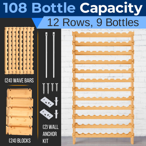 NutriChef Bamboo Stackable Wine Rack 12-Tier 108 Bottle Capacity Free Standing Floor No Tools Assembly Modular Storage Display Shelf for Kitchen a 1