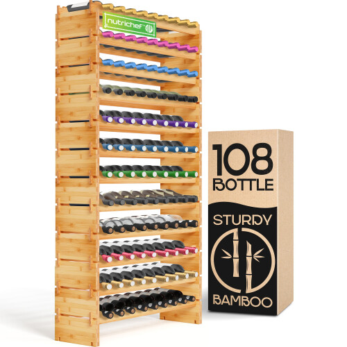 NutriChef Bamboo Stackable Wine Rack 12-Tier 108 Bottle Capacity Free Standing Floor No Tools Assembly Modular Storage Display Shelf for Kitchen a
