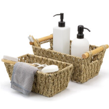 BROOKSTONE - [2 PIECE SET] Wicker Storage Basket with Crafted Wood Handles, Organization and Storage Container, Decorative Shelf Bin, Over the Toilet