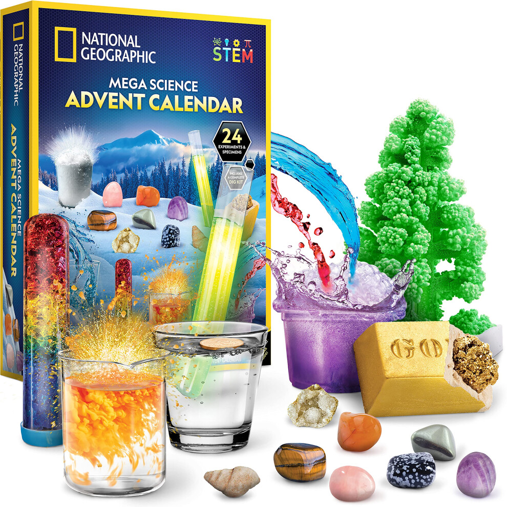 NATIONAL GEOGRAPHIC Kids Advent Calendar - 24 Science Experiments  Rocks  Fossils and Gemstone Dig Kit With Storage Bag