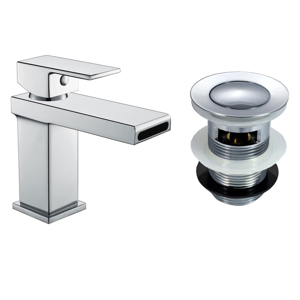 Nes Home Modern Cloakroom Basin Sink Square Waterfall Mono Mixer Tap & Waste