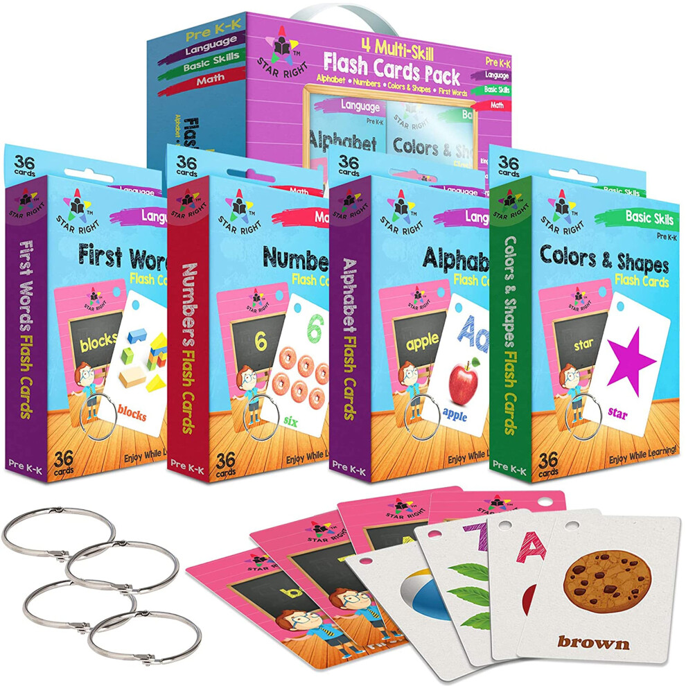 Lot de 4 cartes flash Star Right Words pour tout-petits   : nombres, premiers mots, couleurs et formes, alphabet et lettres, 4 anneaux de reliure,