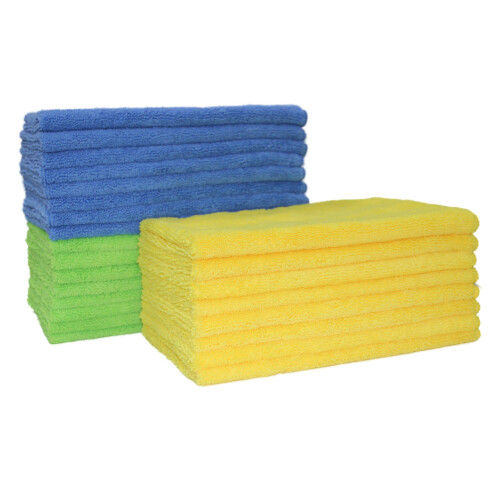 POLYTE Microfiber Cleaning Towel (16x24 in  18 Pack  Blue Green Yellow)