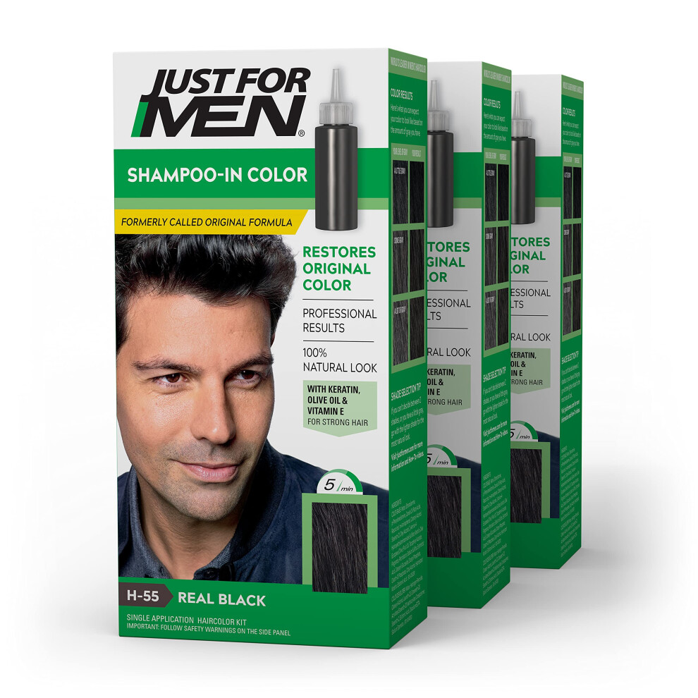Just For Men Shampoo-In Color (Formerly Original Formula)  Mens Hair Color with Keratin and Vitamin E for Stronger Hair - Real Black  H-55  Pack of 3