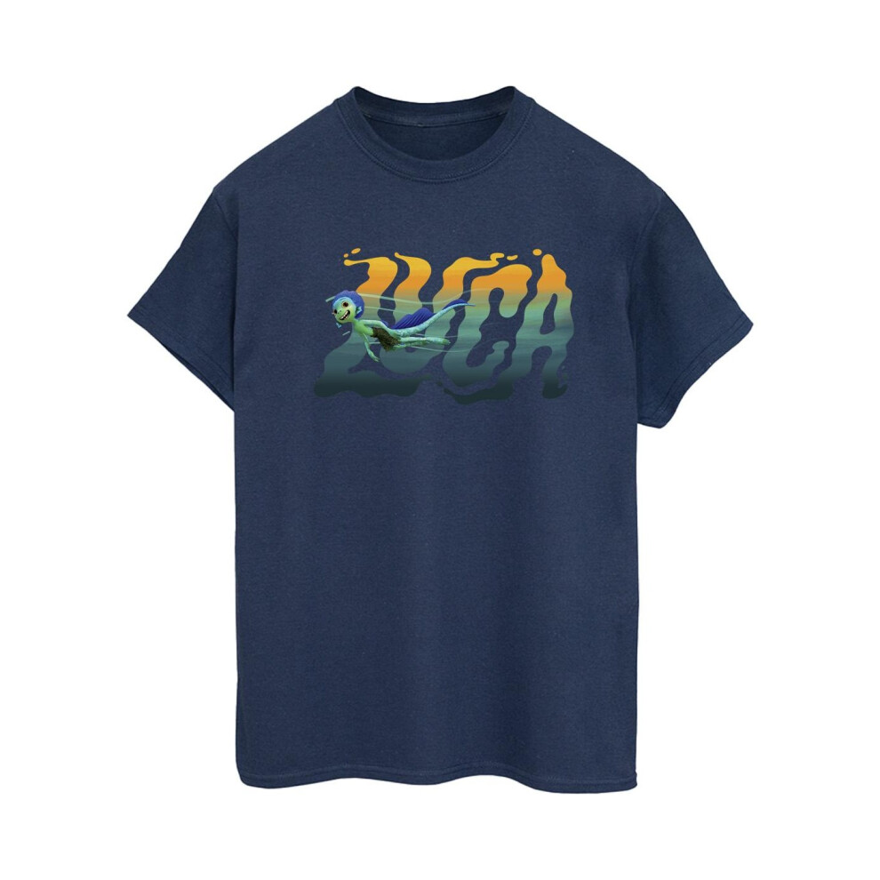 (L, Navy Blue) Disney Womens/Ladies Luca Swim Cotton Boyfriend T-Shirt