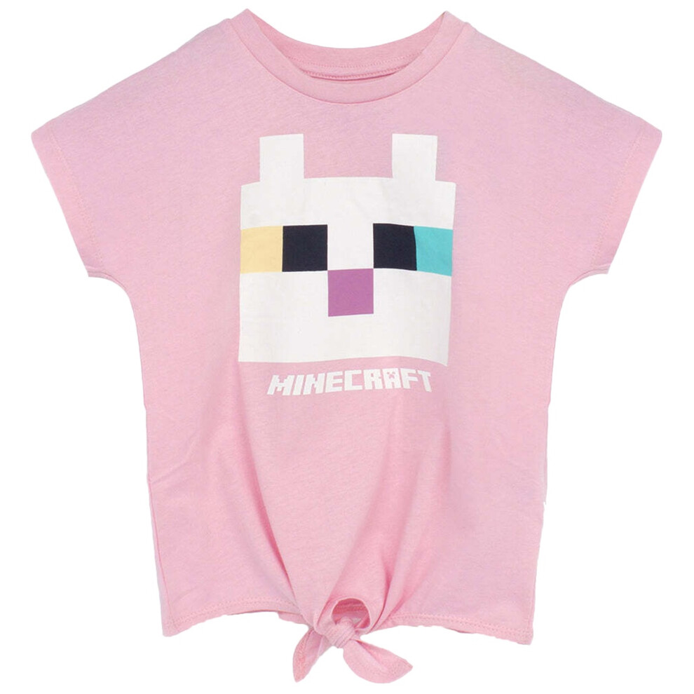 (5-6 Years, Pink/White) Minecraft Girls Cat Twisted Knot Front T-Shirt