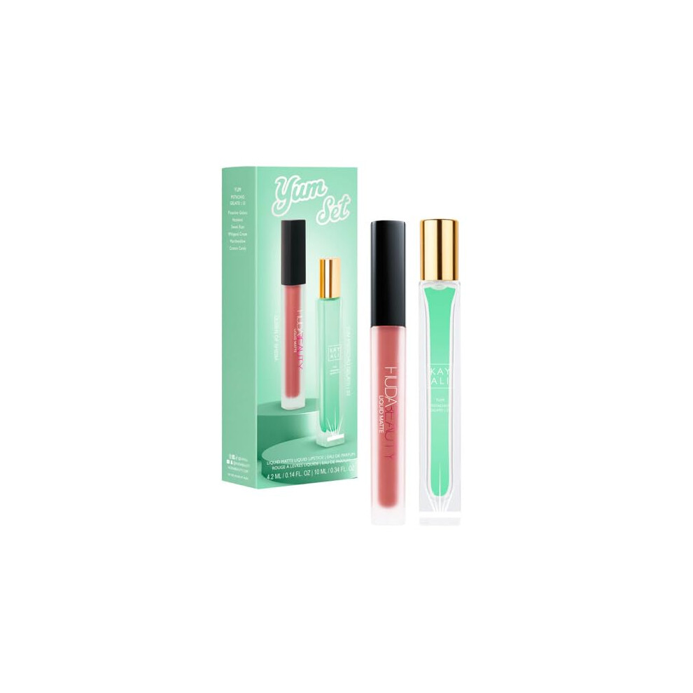 Huda Beauty Kayali Yum Gift Set - Pistachio Gelato | 33 Eau De Parfum Travel Size Spray (0.34 fl oz / 10 ml) and Matte Liquid Lipstick in Shade Queen