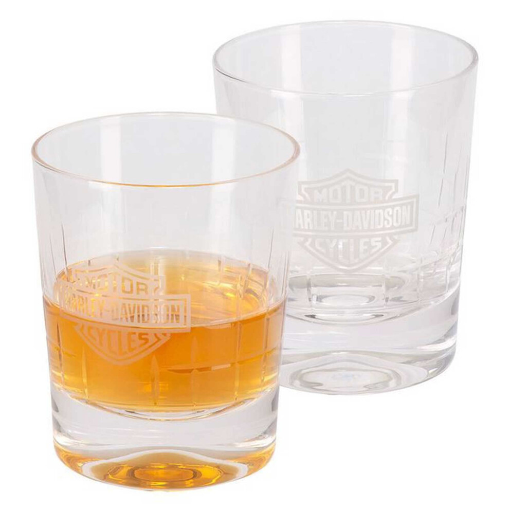 Harley-Davidson Crystal Double Old Fashion Set  Frosted Logos  Set of Two 12 oz