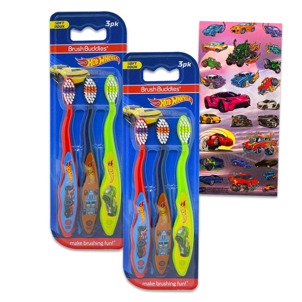Hot Wheels Toothbrush Kit for Kids - Bundle with 6 Race Car Toothbrushes and Stickers for Boys  Toddlers | Hot Wheels Toothbrush Set