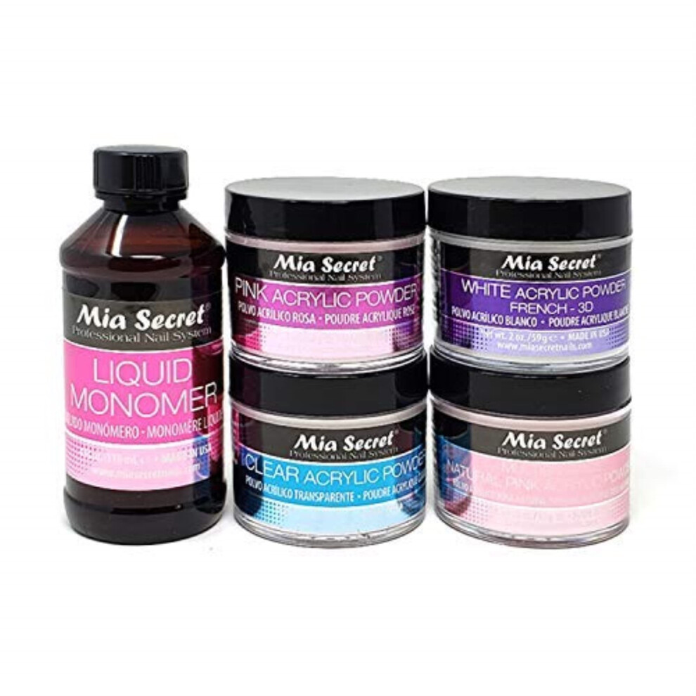 Mia Secret Pink,White 4 Oz Liquid Monomer + Acrylic Powders Set - Pink 2 Oz Clear 2 Oz 3D White 2 Oz & Multibalance Pink 2 Oz