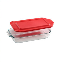 Pyrex Basics 2 Quart Glazen Oblong Bakvorm met Rode Plastic Deksel - 7 inch x 11 Inch