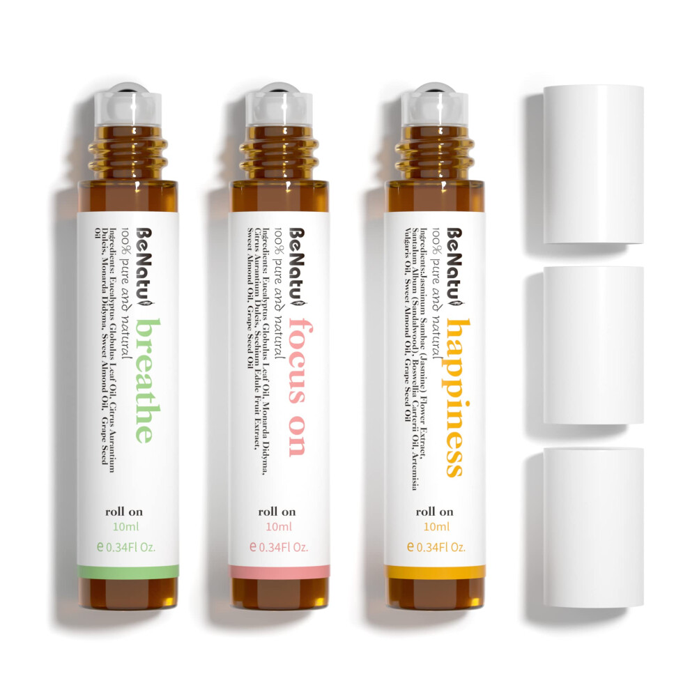 Benatu Essential Oil Blends Set (Breathe Focus on Happiness) Aromatherapy Roll On for Massage Skin care Home - Revive Fragrance gift for Women an