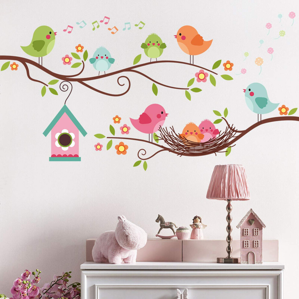 Robin Bird And Tree Branch Wall Stickers Colorful Cute Cartoon Lovely Birds Singing On The Branch With Flowers Wall Decal Removable Diy Mura Dilibra