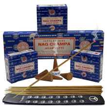 Nag champa røgelse stikker 100 g og kegler sort pakke med brænderholder bundt fra satya røgelse 100 g trumiri til udtværing og aroma