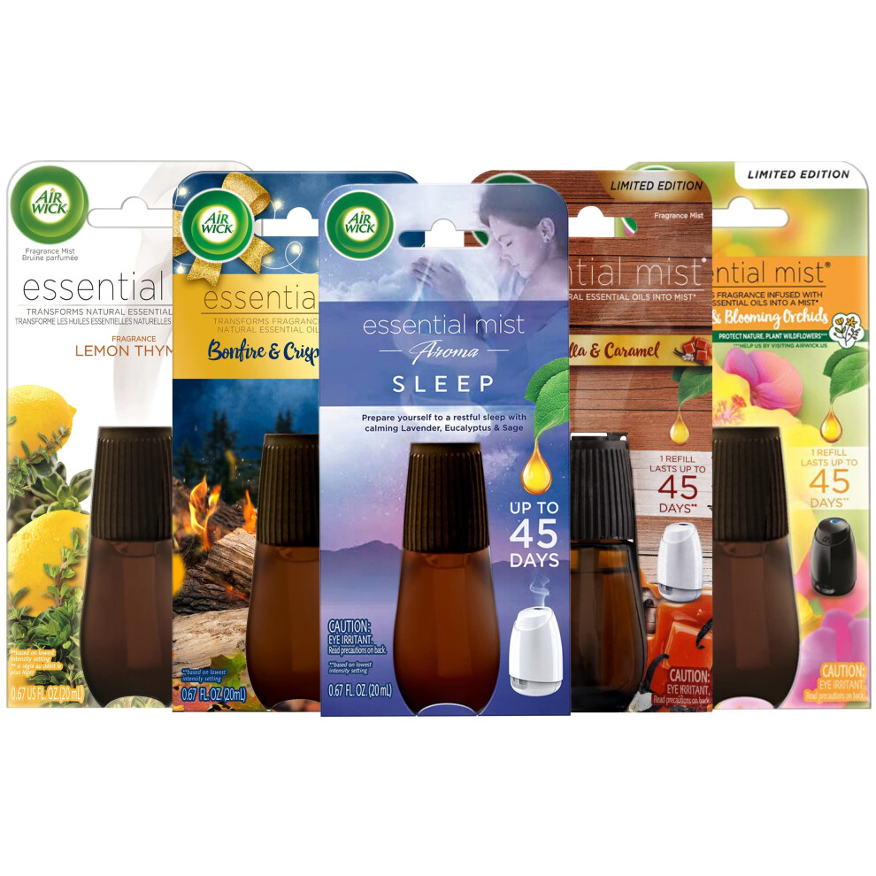 Air Wick Essential Mist Diffuser Oil Refills Variety Pack  Set of 5 Fragrance Mist Refills  Lavender  Vanilla  Lemon  Bonfire  Hibiscus