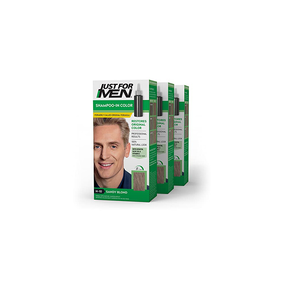 Just For Men Shampoo-In Color (Formerly Original Formula)  Mens Hair Color with Keratin and Vitamin E for Stronger Hair - Sandy Blond  H-10  Pack of 3