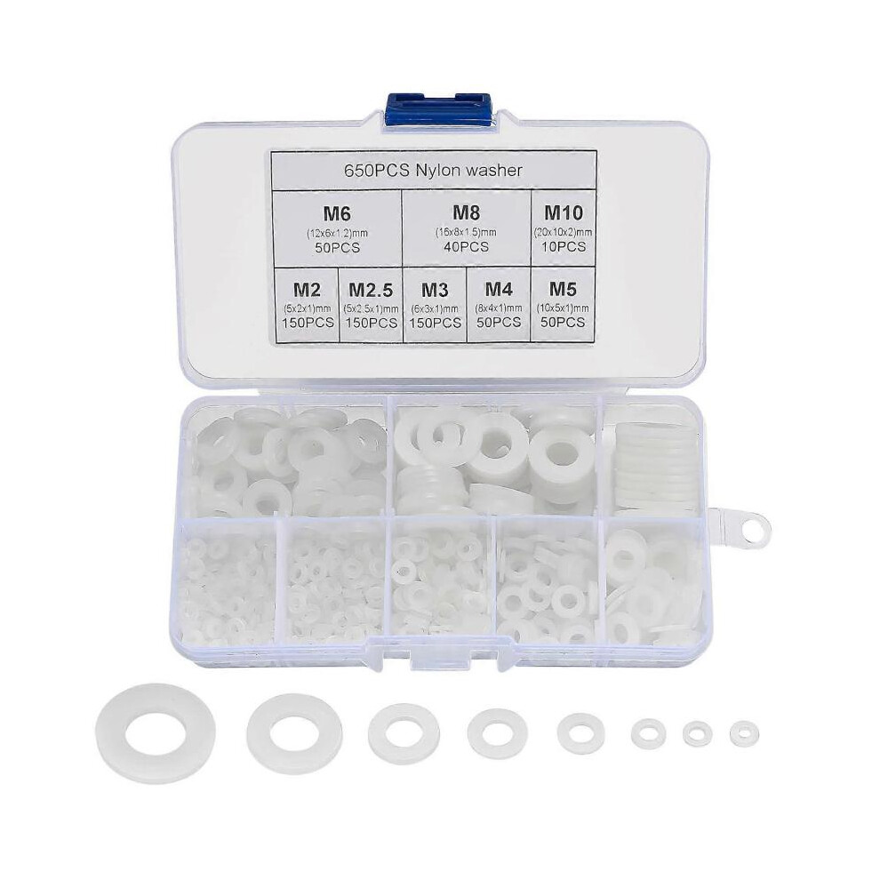 Nylon Washers Assortment - 650 Pcs White Plastic Spacers Gaskets Rings for