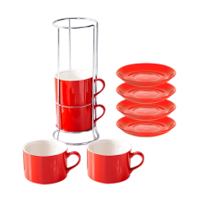 Xícaras de cappuccino empilháveis de porcelana com pires e suporte de metal, A