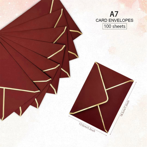 100 envelopes de convite A7 cor vinho com borda dourada, 5x7 polegadas 2