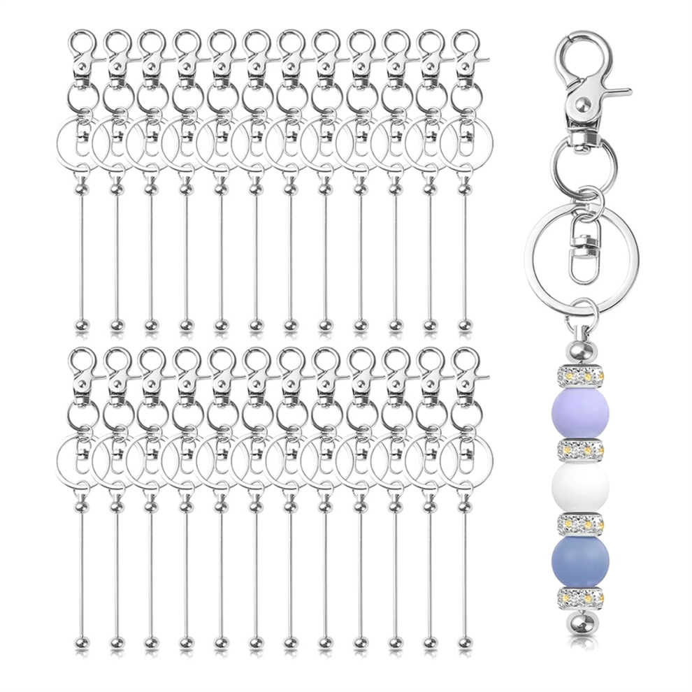 24 Portachiavi Con Perline, Kit Fai Da Te Per Realizzare Portachiavi Con Perline Vuote, Argento