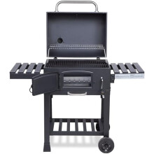 Outdoor XL Smoker Barbecue Charcoal Portable BBQ Grill, 2 Folding Side Table, Built-in Thermometer, Adjustable Charcoal Pan & Chimney, Wheels