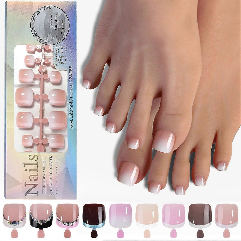 (As show, One size) 120PCS French Gel Toenail Tips French Tips Press on Nails 12 Sizes Fake Nails False Toe Nail Wearabl