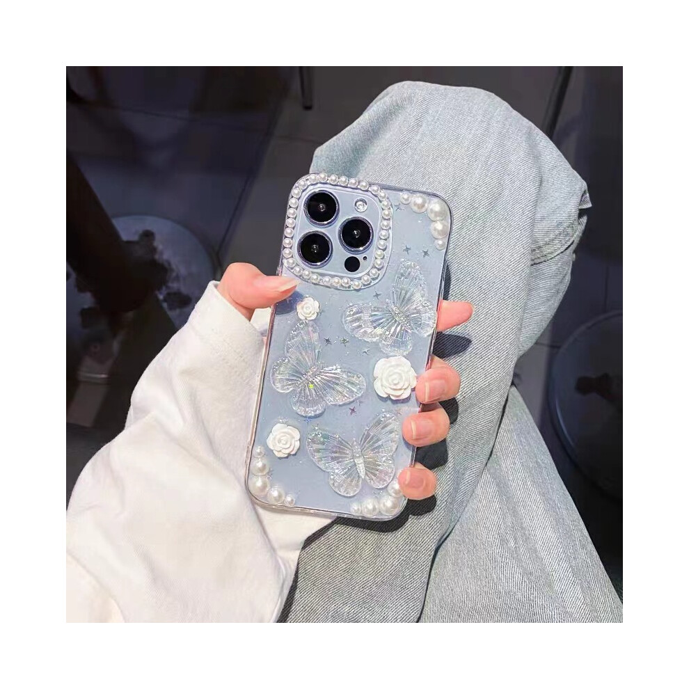 Iphone 13 Pro Case Cute Butterfly Flower Pearl 4D Twinkle Glitter Spark Luxury Girly Aesthetic Personalized Transparent Epoxy Tpu Case White 7770198157802