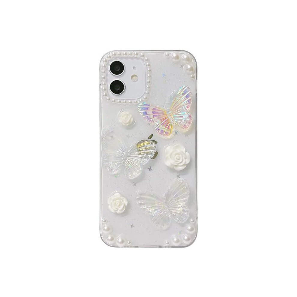 Iphone 13 Case Cute Butterfly Flower Pearl 3D Twinkle Glitter Spark Luxury Girly Aesthetic Personalized Transparent Epoxy Tpu Case White 7770198158625