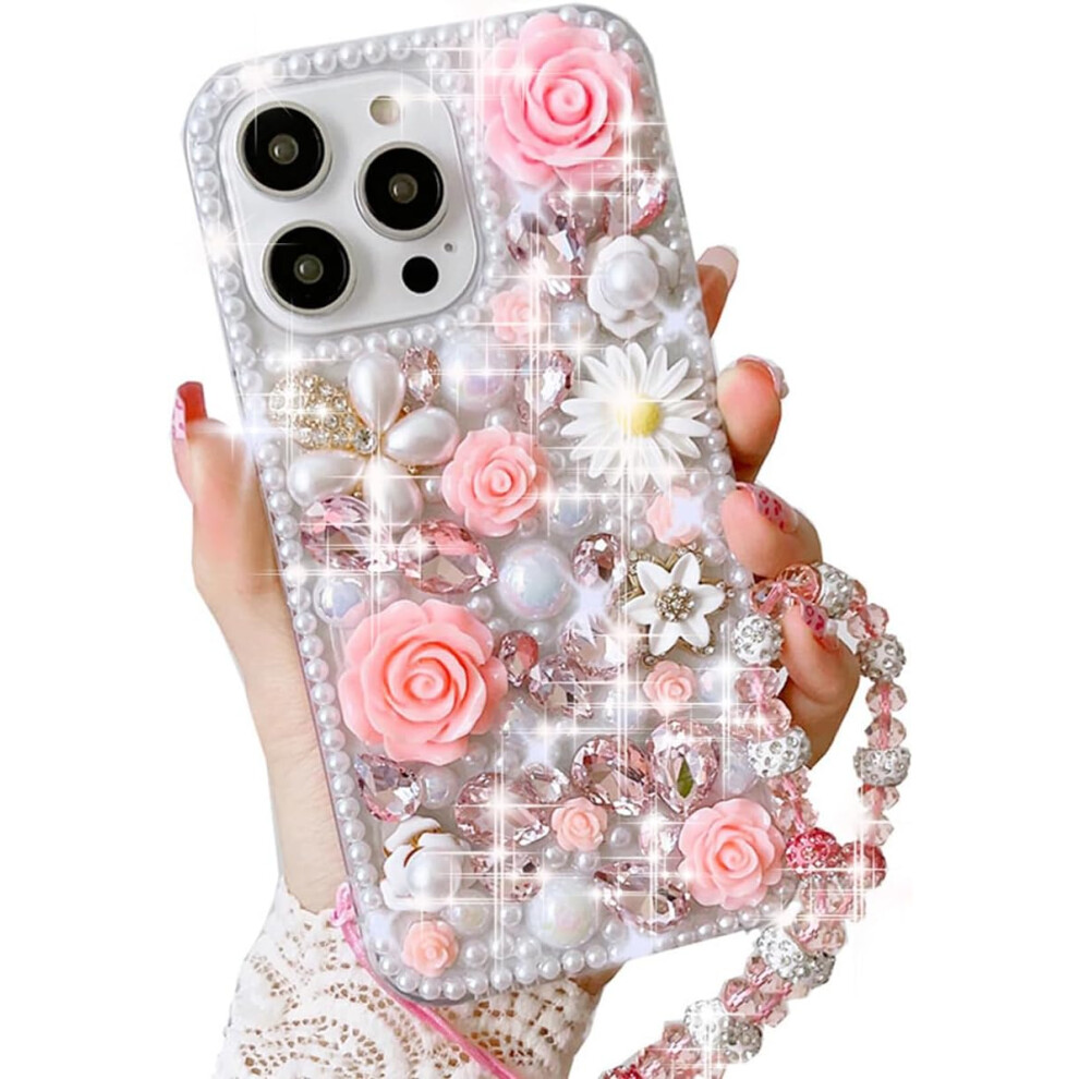 Iphone 14 Pro Glitter Bling Case, Cute Luxury 3D Crystal Rhinestone Flowers Diamond Pearl With Wrist Strap Bracelet Chain Women Girls Case Cover White 7770198158618