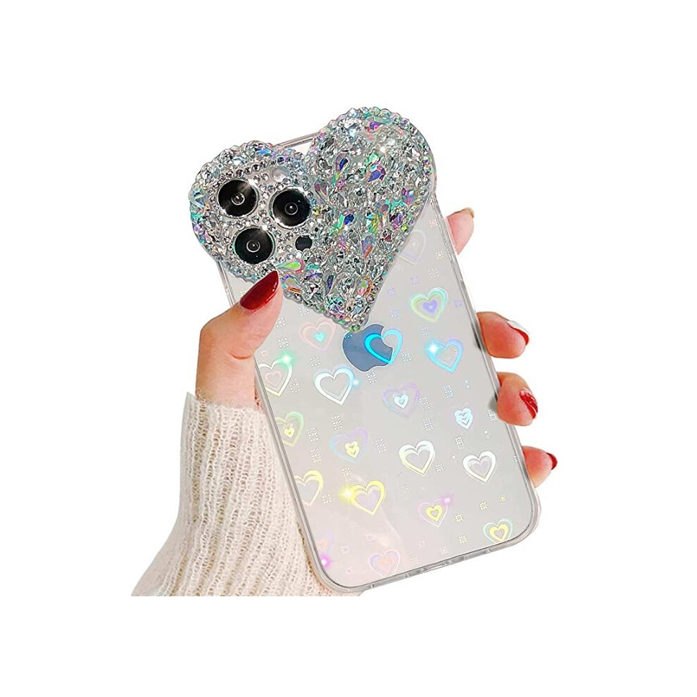 Cute Iphone 14 Pro Max Case 3D Glitter Sparkle Bling Case For Women Girls, Pretty Rhinestone Diamond Cute Aesthetic Heart Gems Soft Tpu Bumper Case 7770198160871