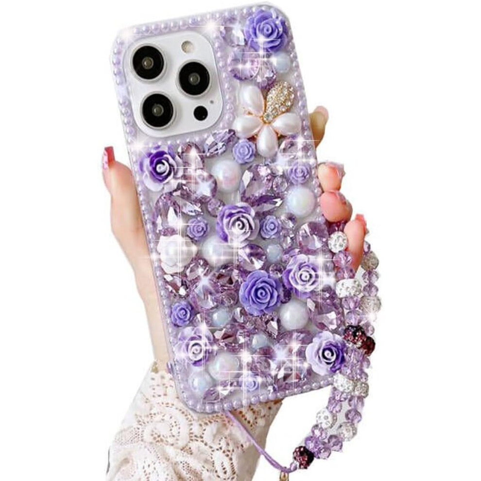 Iphone 14 Glitter Bling Case, Cute Luxury 3D Crystal Rhinestone Flowers Diamond Pearl With Wrist Strap Bracelet Chain Women Girls Case Cover White 7770198159042