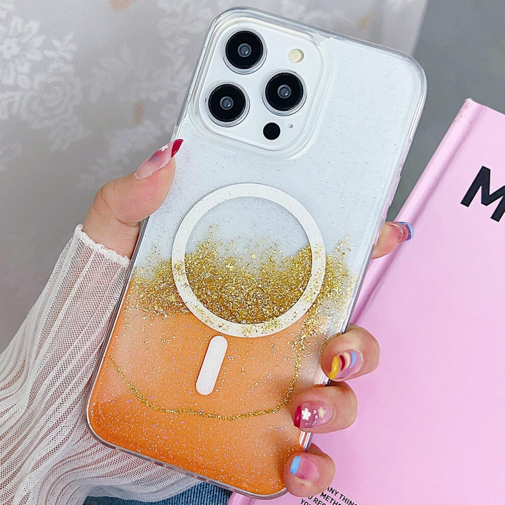 Magnetic Case Compatible With Iphone 15 Pro Wireless Charging Soft Tpu Glitter Sparkle Bling Bling Shockproof Cover For Iphone15pro6.1 Inch(Orange) Orange 7770198162035