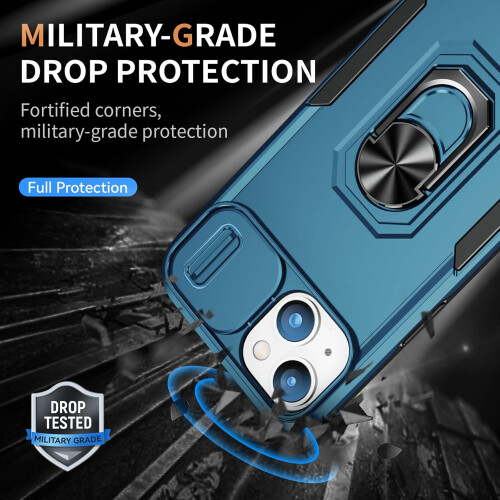 Case for iPhone 15 Phone Case iPhone 15 Case with Kickstand Ring Holder, with Camera Cover, with Magnetic Car Mount Function-Blue 2