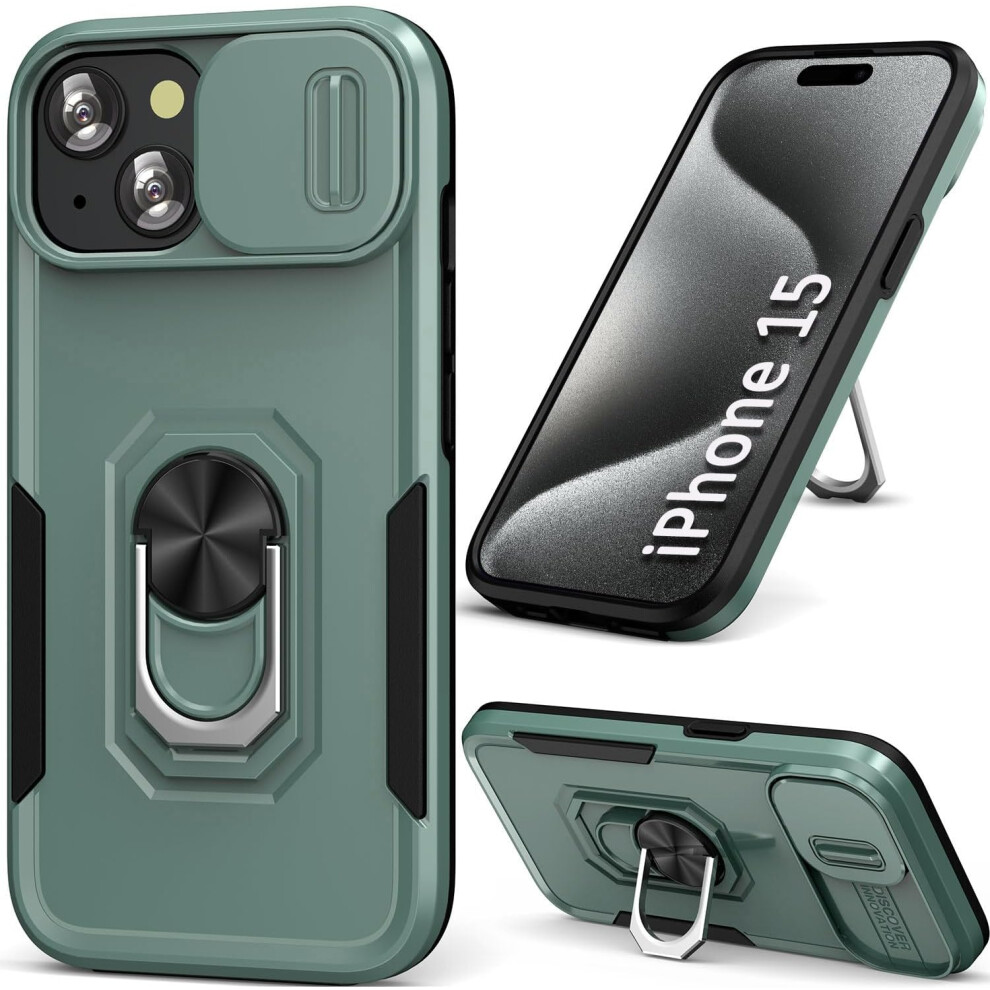Phone Case For Iphone 15 Case Iphone 15 Phone Case With Ring Stand,With Sliding Lens Cover,Heavy Duty For Iphone 15 6.1'' Green 7770198163087