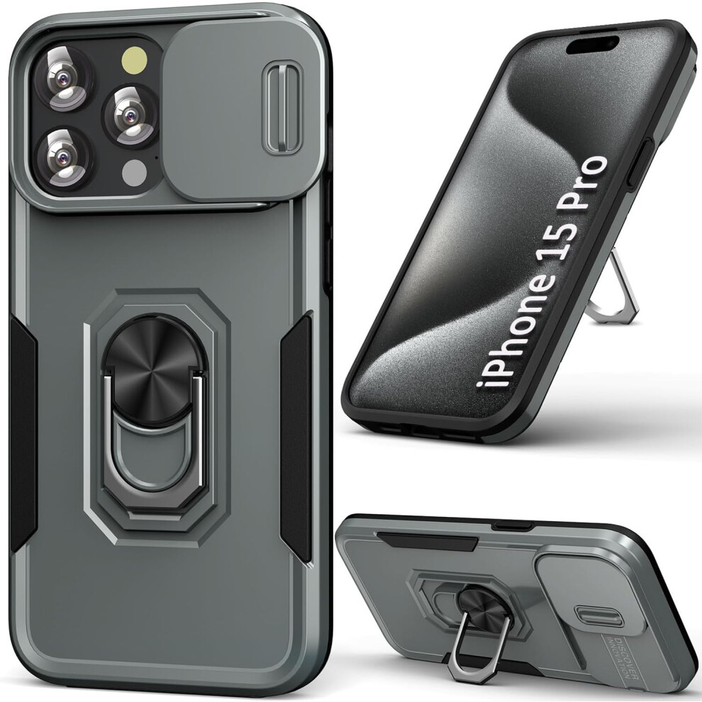 Phone Case For Iphone 15 Pro Case Iphone 15 Pro Phone Case Green With Ring Stand,With Sliding Lens Cover,Heavy Duty For Iphone 15 Pro 6.1'' Grey Green,Grey 7770198163131
