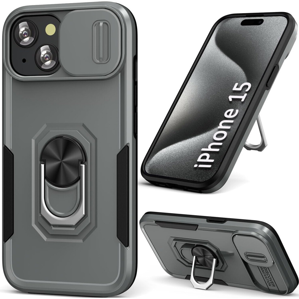 Phone Case For Iphone 15 Case Iphone 15 Phone Case Green With Ring Stand,With Sliding Lens Cover,Heavy Duty For Iphone 15 6.1'' Grey Green,Grey 7770198163124