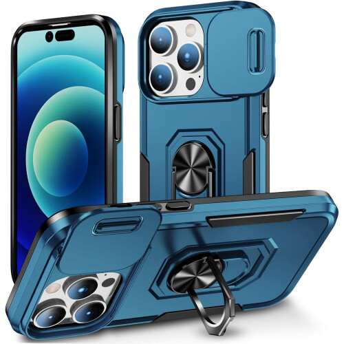 Case for iPhone 15 Pro Max Phone Case iPhone 15 Pro Max Case with Kickstand Ring Holder, with Camera Cover, with Magnetic Car Mount Function-Blue