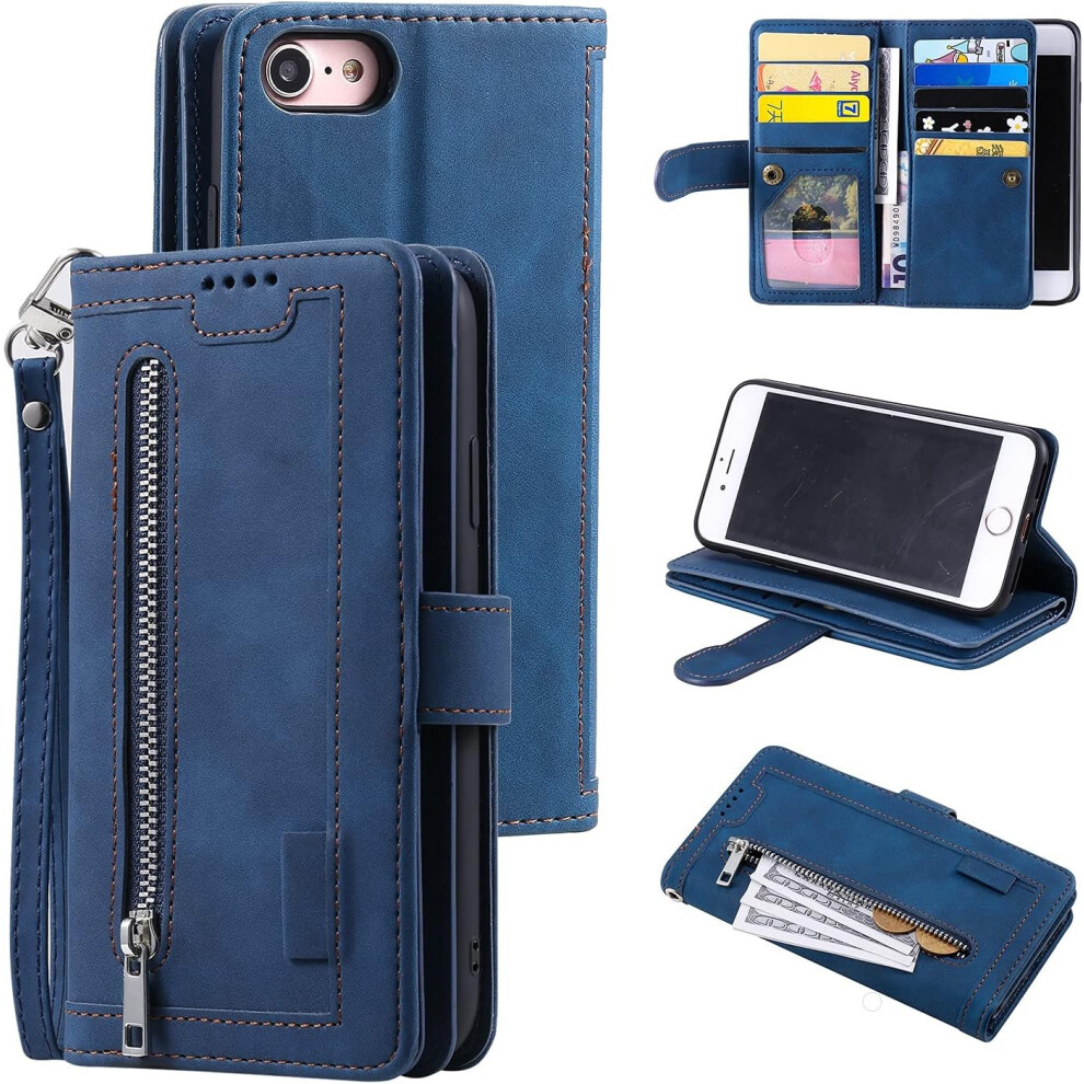 Wallet Case For Iphone 6 Iphone 6S, 9 Card Holder Slots Zipper Pocket Handbag Case Pu Leather Case - Blue 7770198209709