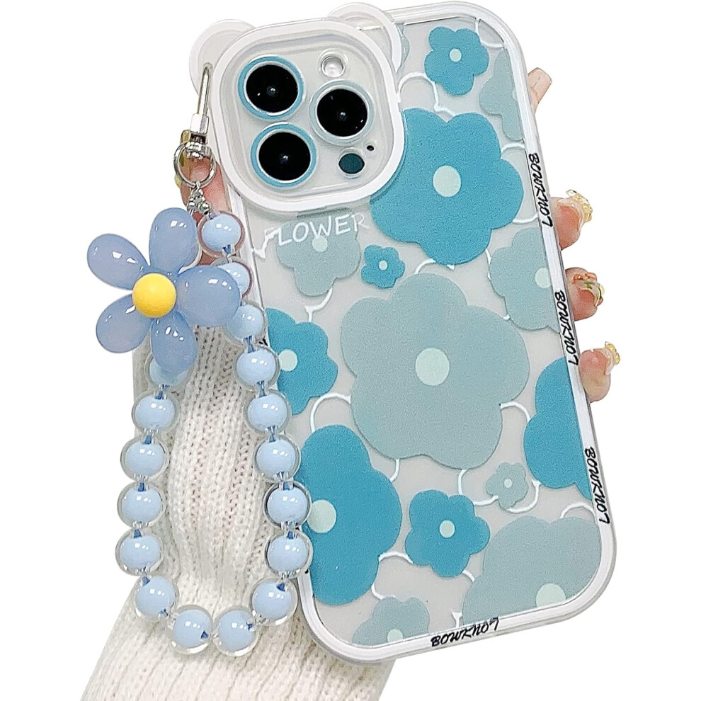 Iphone 13 Pro Transparent Flower Bear Camera Lens With Flower Beaded Lanyard Wrist Strap, Soft Tpu Shockproof Protective Cover Blue 7770198200140