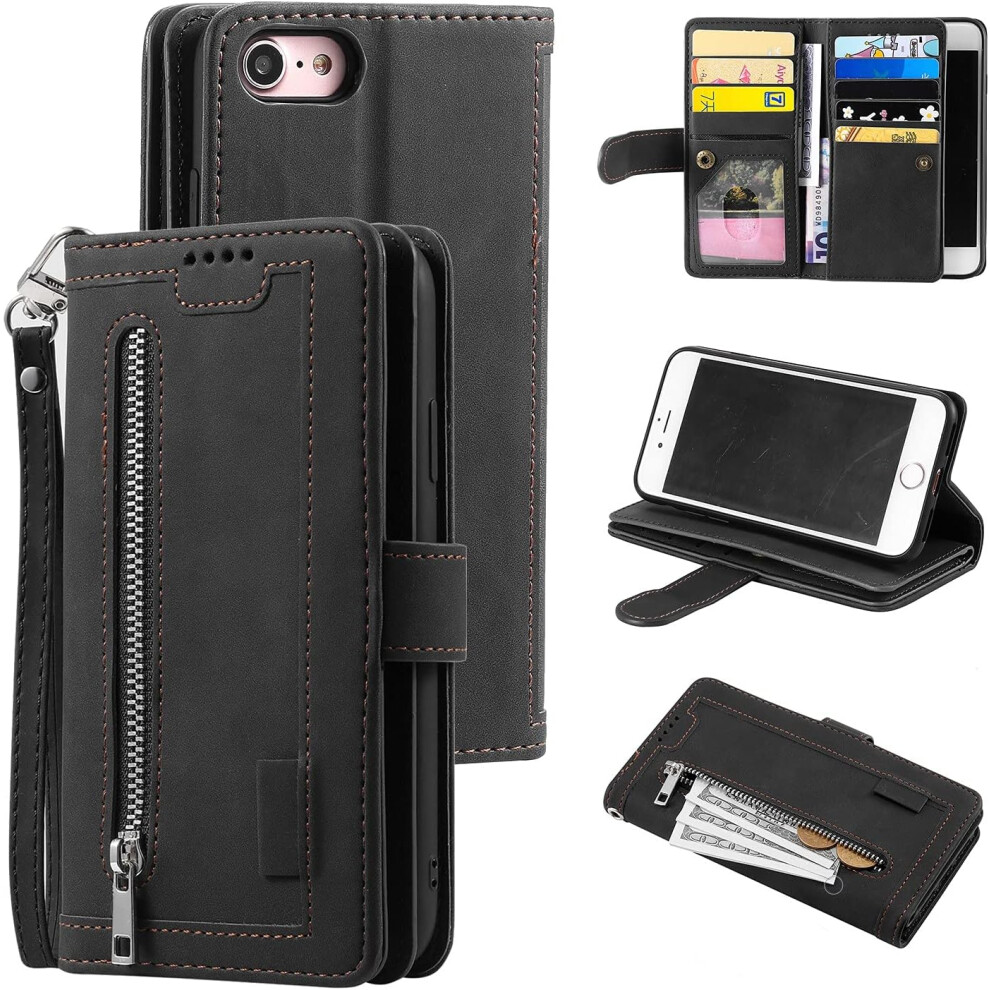 Wallet Case For Iphone 6 Plus Iphone 6S Plus,9 Card Holder Slots Zipper Pocket Handbag Case Pu Leather Case - Black 7770198209778