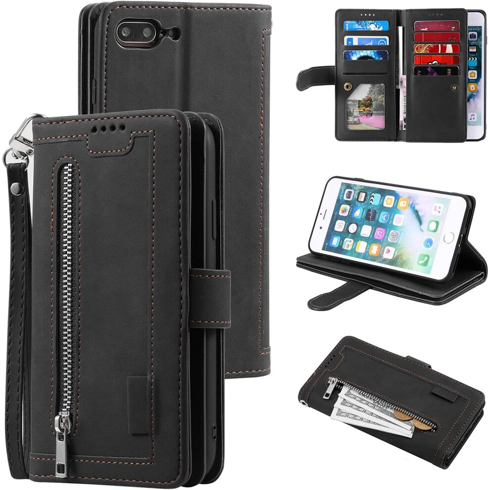 Wallet Case For Iphone 7 Plus Iphone 8 Plus, Retro 9 Card Holder Slots Zipper Pocket Handbag Case Pu Leather Case - Black 7770198209792