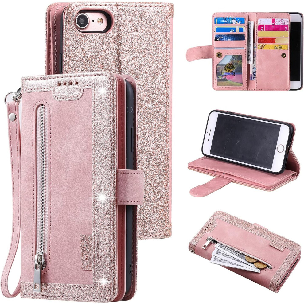 Wallet Case For Iphone 6 6S, Retro 9 Card Slots Zipper Pocket Handbag Case Pu Leather Case - Rose Gold 7770198209808
