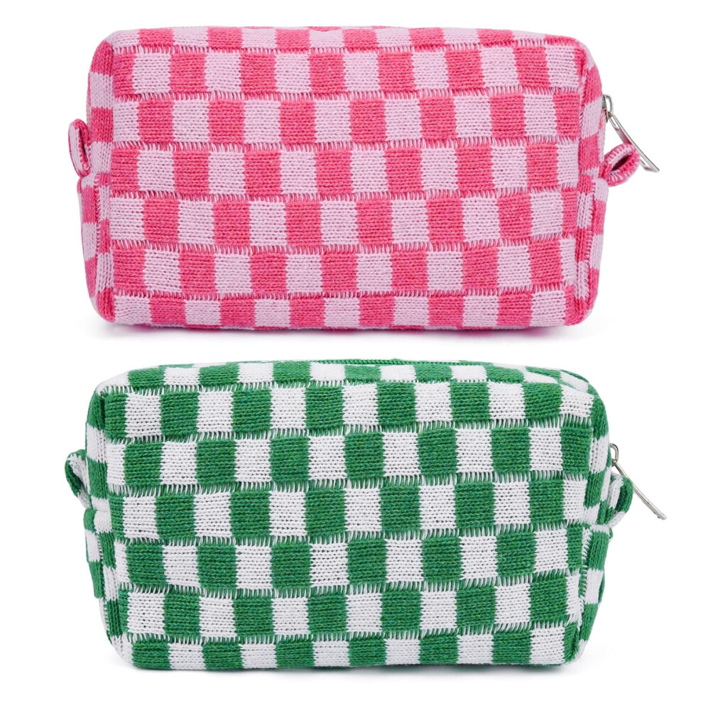 Tianfu Pink/Green 2 Pieces Makeup Bag Checkered Cosmetic Bag Makeup Pouch Travel Toiletry Bag Organizer Cute Makeup Brushes Storage Bag For Women