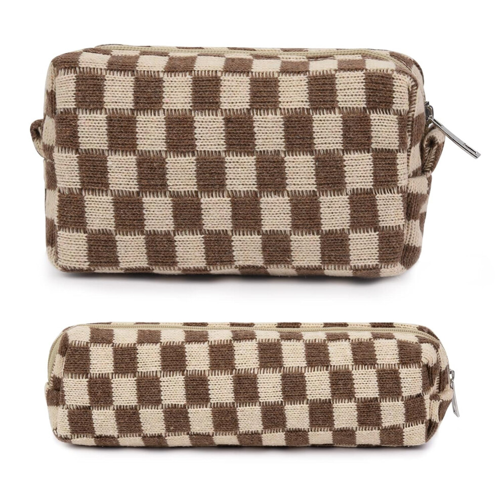 Tianfu Pink/Green 2 Pieces Makeup Bag Checkered Cosmetic Bag Makeup Pouch Travel Toiletry Bag Organizer Cute Makeup Brushes Storage Bag For Women