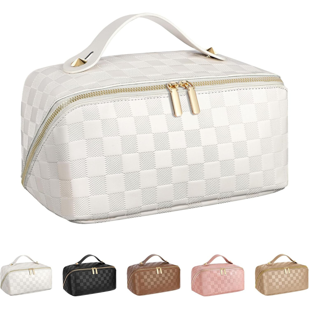 Tianfu Large Capacity Travel Cosmetic Bag - Portable Makeup Bags For Women Travel Toiletry Bag Waterproof Leather Checkered Makeup Organizer Bag