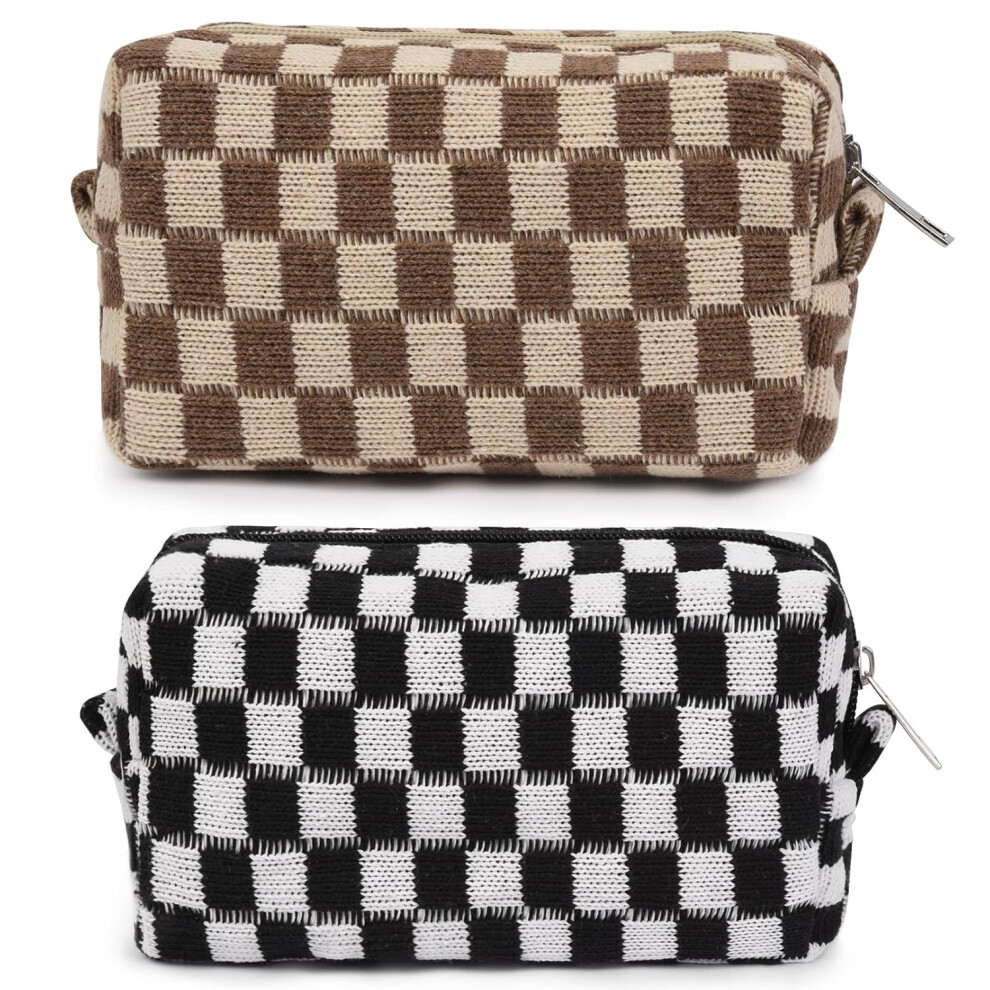 Tianfu Pink/Green 2 Pieces Makeup Bag Checkered Cosmetic Bag Makeup Pouch Travel Toiletry Bag Organizer Cute Makeup Brushes Storage Bag For Women