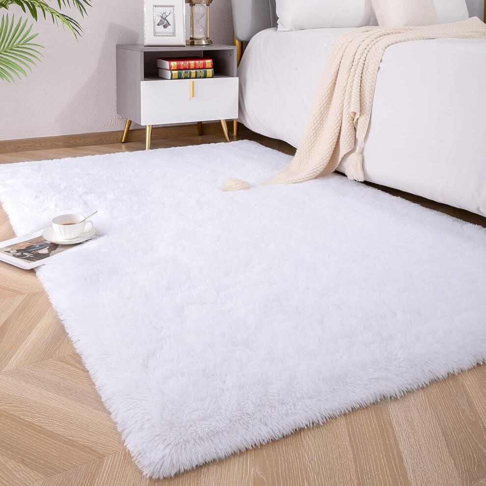 Soft Fluffy Area Rugs For Bedroom Kids Room Plush Shaggy Nursery Rug Furry Throw Carpets-( 120*160Cm) White Tianfu